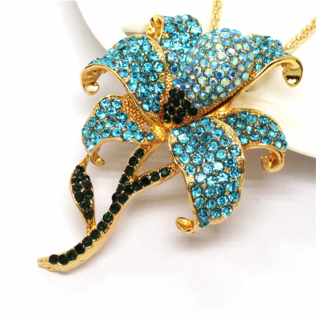 Betsey Johnson Blue Rhinestone Bling Flower Crystal Pendant Women Necklace 2