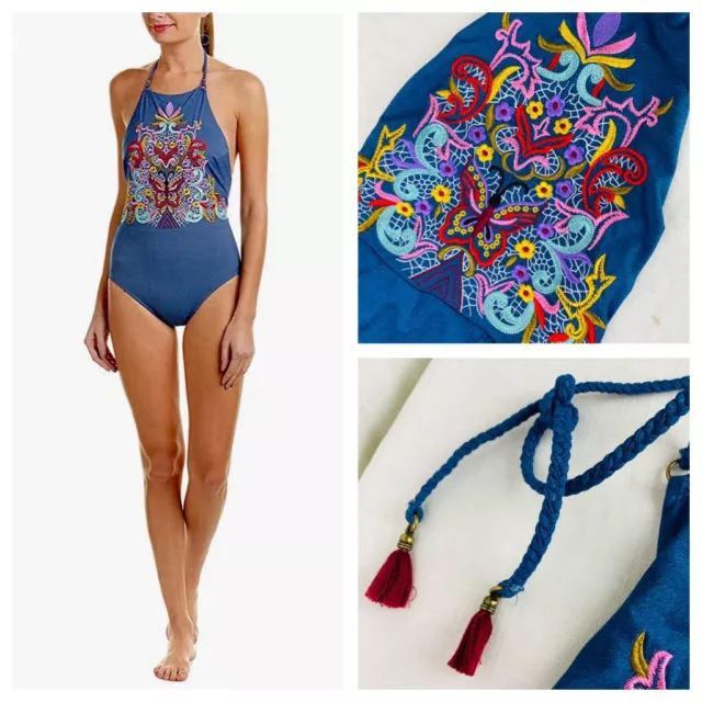 Nanette Lepore Dazed Denim Goddess One Piece Swimsuit Embroidered Medium $152!