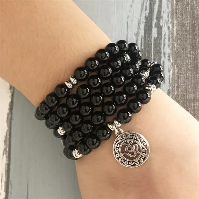 Pendentif 8 mm 108 perles de Bouddha onyx noir argent bracelet guérison bouddhisme énergie