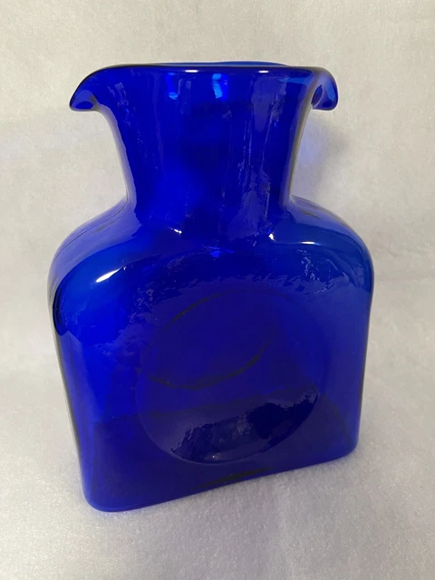 Vintage Blenko Glass Cobalt Blue Water Bottle Double Spout Carafe 8.25”