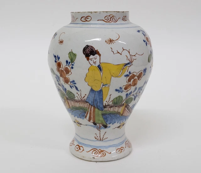 Antique 17th/18thC Dutch Delft Pottery Polychrome Vase - Chinoiserie