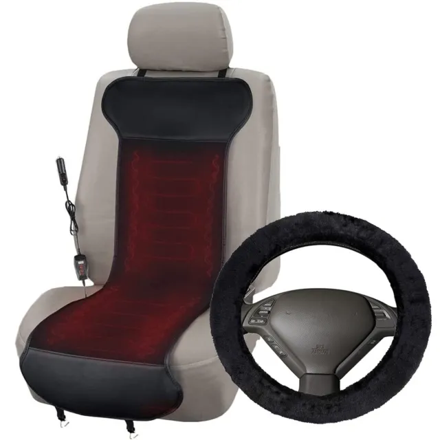 Universal Car 12V Heated Seat Cover and Plush Sheepskin Steering Wheel Cover