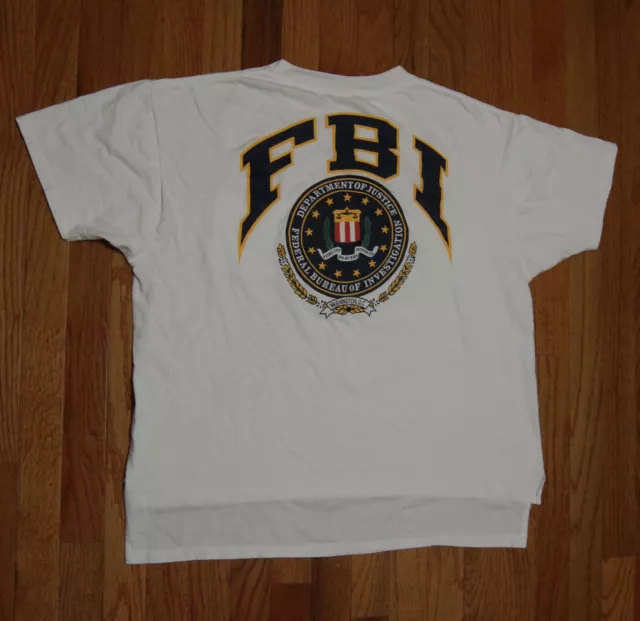 Vintage White Fbi T Shirt w/ Pocket Nutmeg Mills Made In USA XL logo on back