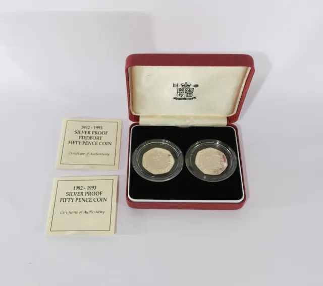 BOXED ROYAL MINT 1992-1993 PIEDFORT SILVER PROOF EEC 50 PENCE x 2 COIN & COA S31