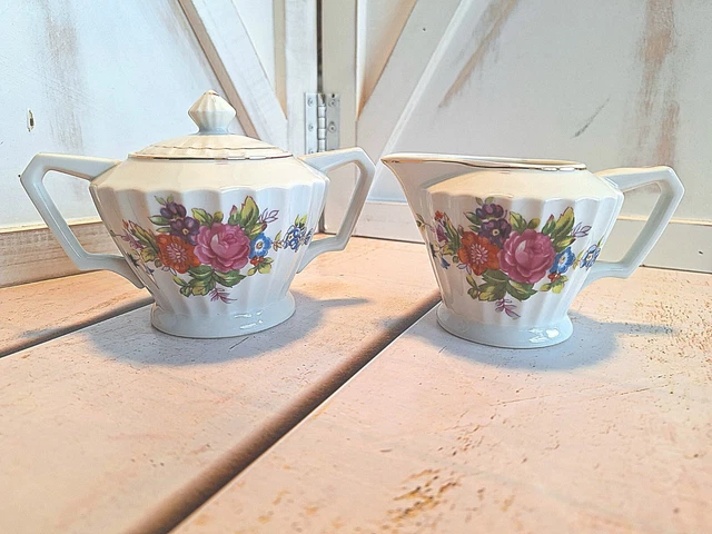 Porcelain Sugar and Creamer Vintage White With Floral Pattern Victorian Style
