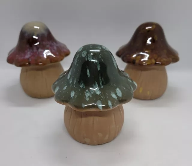 Set of 3 Whimsical Glaze Top Ceramic Mushrooms Garden Decor Pottery 4” Mushroom