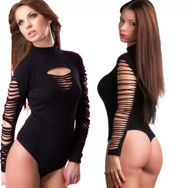 WOMEN BODYSUIT TOP Blouse Long Sleeve Leotard Top Round neck Black Body  Suit $16.90 - PicClick