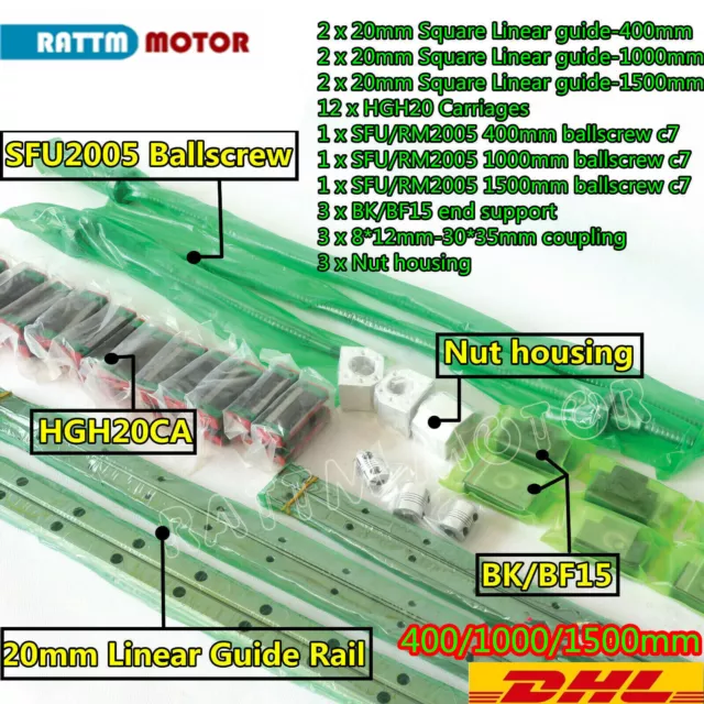 「EU」20mm Linear Rail Guide+3x RM2005 Ballscrew L-400/1000/1500mm C7 &Nut+BK/BF15