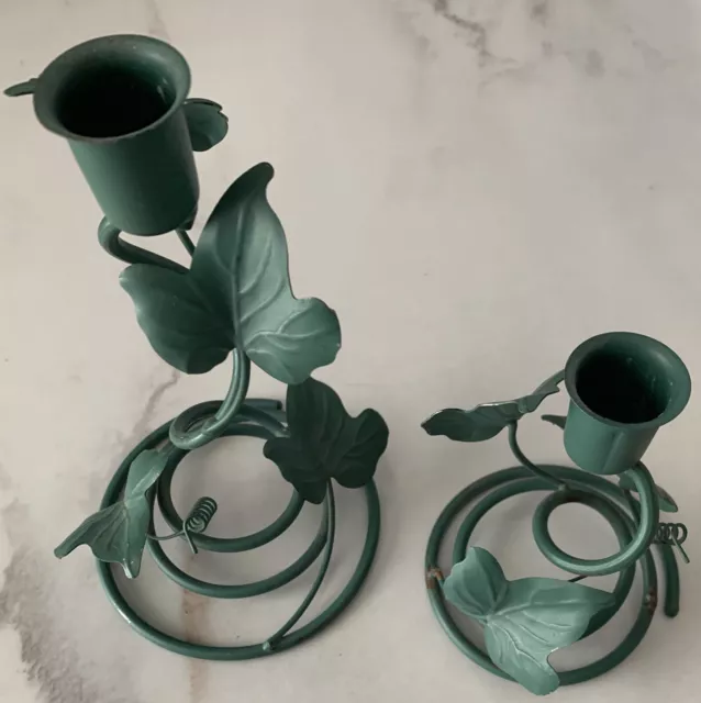 Vintage HOMCO Home Interior Green Metal Ivy Vine Votive Candle Holders Pair EUC