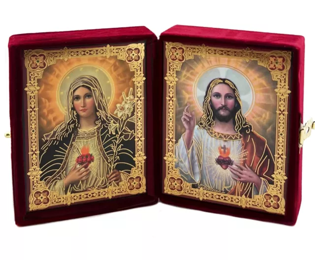 Sacred Heart of Jesus and Mary Catholic Icon Diptych In Burgundy Velvet Case Gif