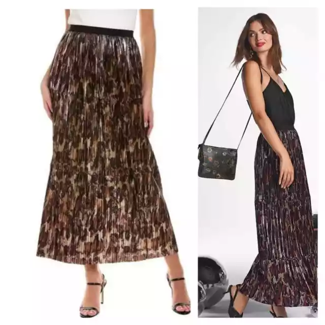 Johnny Was Idina Metallic Multicolor Pleated Tiered Maxi Skirt Large