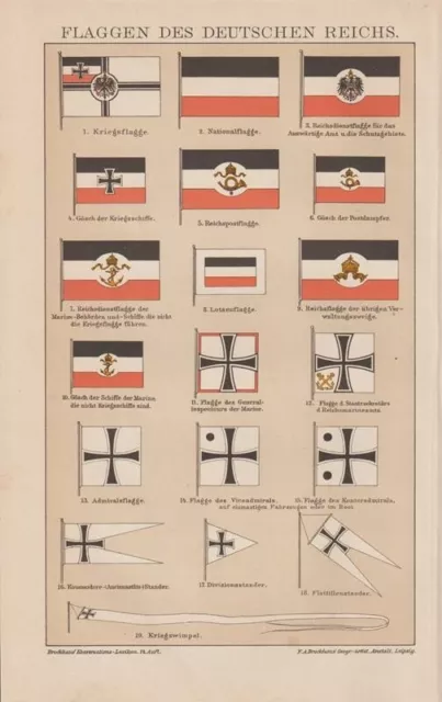 FLAGGEN Deutsches Reich Marine Kriegsflagge Gösch LITHOGRAPHIE von 1894