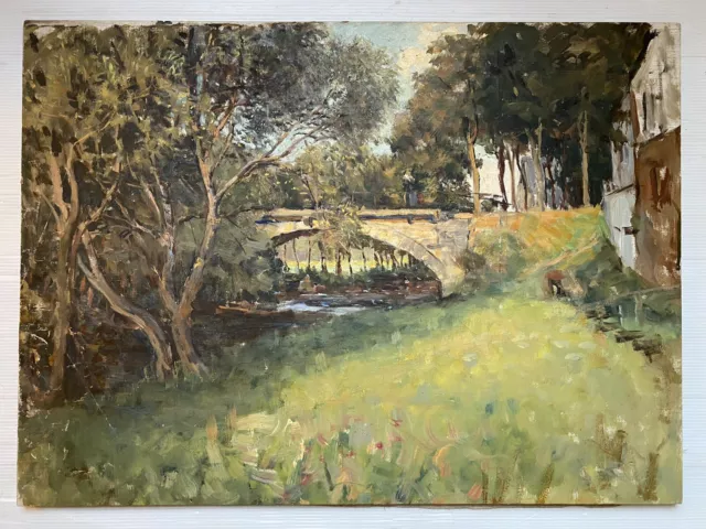 Paysage Femme Pont Rivière Nature Forêt  Tableaux Ancien Huile XIX À Restaurer