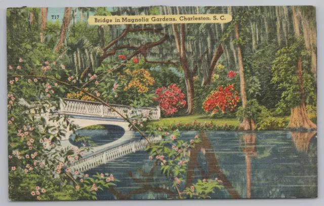 Linen~Bridge In Magnolia Gardens Charleston South Carolina~Vintage Postcard