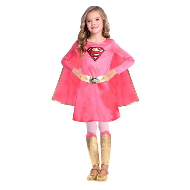 Childs Pink Supergirl Fancy Dress Costume DC Comics Superhero Girls Kids