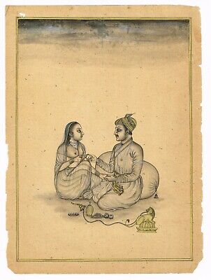 Indien Miniature Ancien Peinture De Moghol Empereur & Empress Buvant Art À