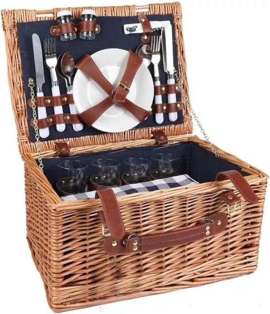 Deluxe 4 Person Traditional Wicker Picnic Basket Wicker Hamper - Premium Set wit