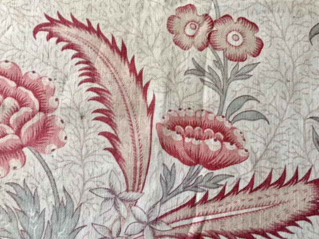 Antique French Indienne Floral Cotton Fabric ~  Apricot Red Sage Green ~  Patina