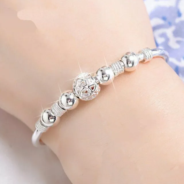 Silver Plated  Women Beads Ball Heart Charm Cuff Bracelet Bangle Adjustable