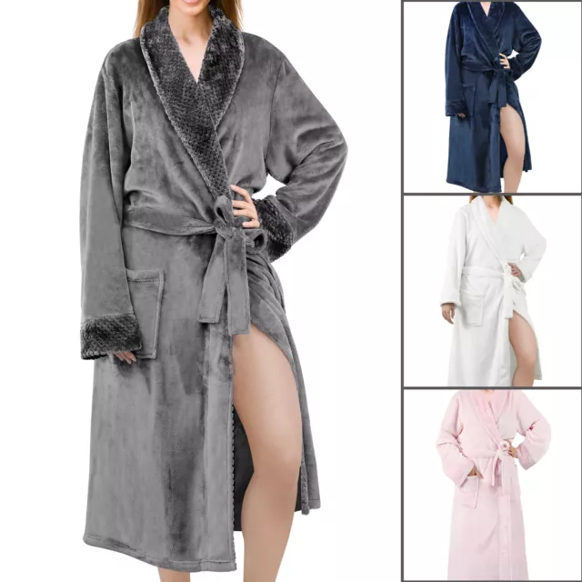 Women Ladies Luxury Long Bath Robe Dressing Gown Flannel Fleece Soft Bathrobe AU