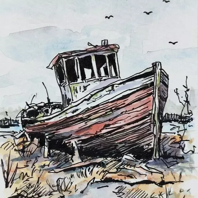 ACEO Original Artwork Watercolour Fishing Boat Wreck Painting Nigel Cave