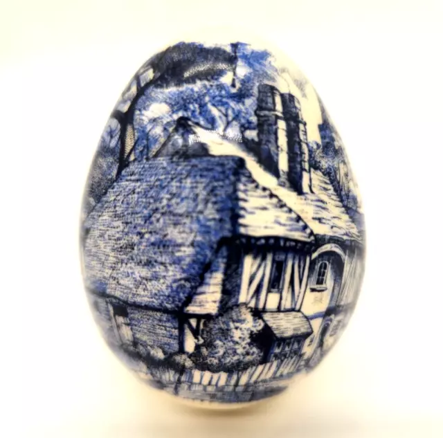 Delft Blue & White Cottage Themed Egg 2.25” Unmarked Fine Intricate Design