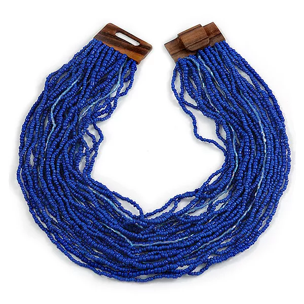Statement Multistrand Cobalt Blue Glass Bead Necklace with Wood Closure - 60cm