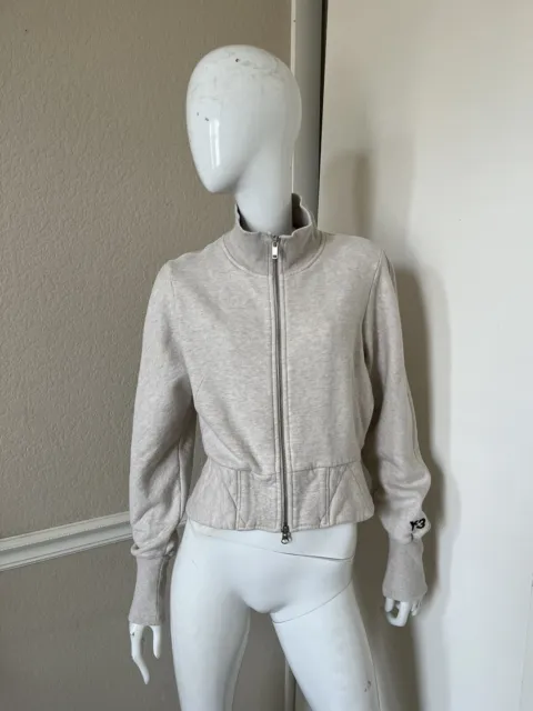 Y-3 YOHJI YAMAMOTO Lt Heather Gray Cotton Terry Zip Front Crop Jacket Sz L