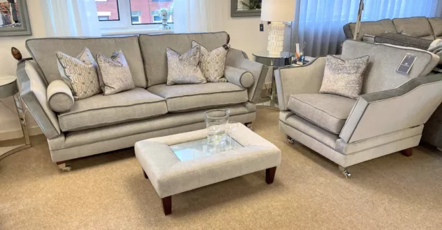 Modern Elegance: Grey Chenille and Velvet Knole Arm Sofa & Chair Made in England