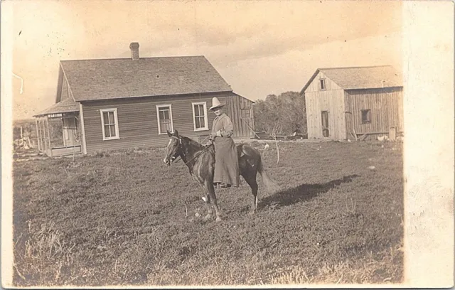 RPPC Ranch Scene Woman Riding Horse in Front of Ranch House early 1900s
