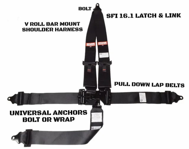 Kart Racing Harness Belt V Roll Bar Mount  Sfi 16.1  Latch & Link 5 Point Black