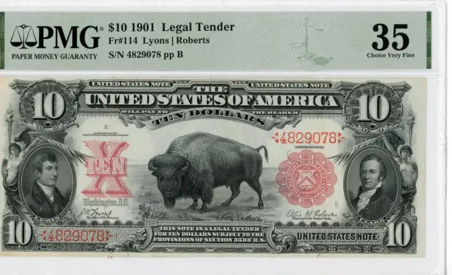 NobleSpirit No Reserve US 114 1901 $10 Small Red Scalloped Legal Tender PMG 35