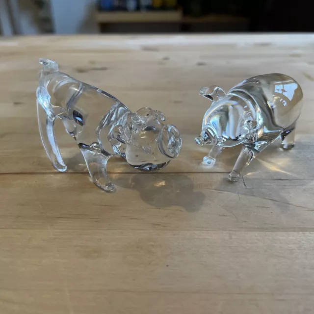 Pair Of Hand Blown Glass Pigs Clear Crystal