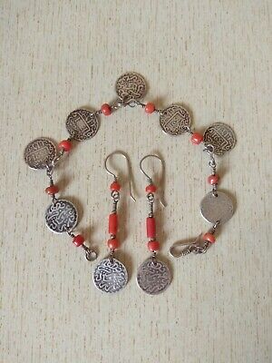 Moroccan Silver Berber Bracelet & Earrings,with Coins and Old Coral, Berber Earr