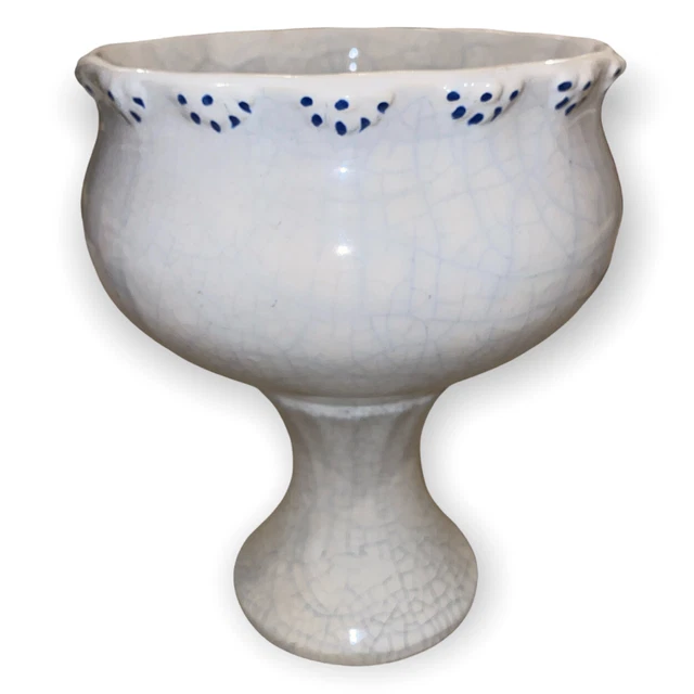 VINTAGE MCCOY POTTERY 8 1/4" Vase White Glaze Blue Design Rare Rounded