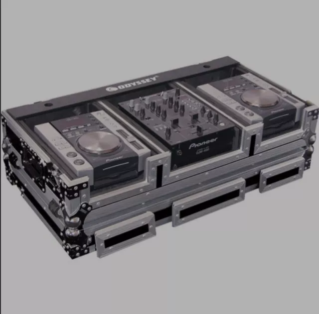 USED Odyssey DJ Coffin Hard Case For 2 Turntables CD Player Rack Black Carpeted