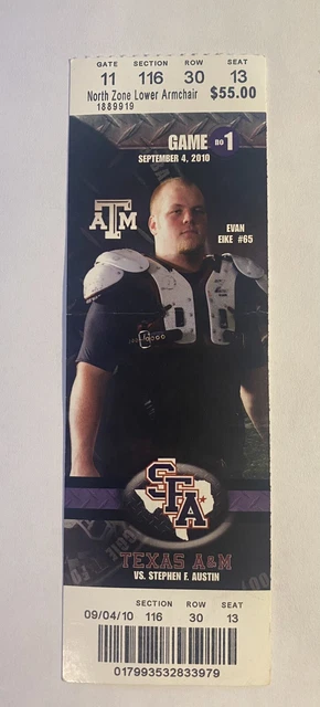 SFA vs Texas A&M Aggies 9/4/10 NCAA College Football Game Ticket Stub