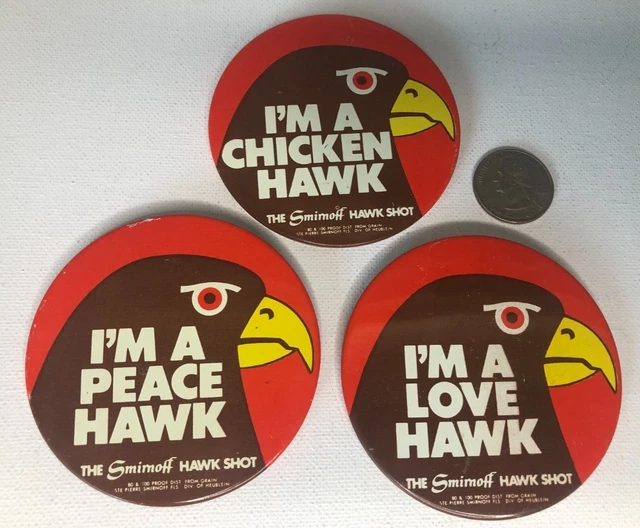 The Smirnoff Hawk Shot Advertising Pinback Buttons 1970 Vintage Vodka 2 7/8"