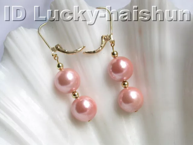 AAA Dangle 12mm round pink south sea shell pearls Earrings 14KT hoop j3873