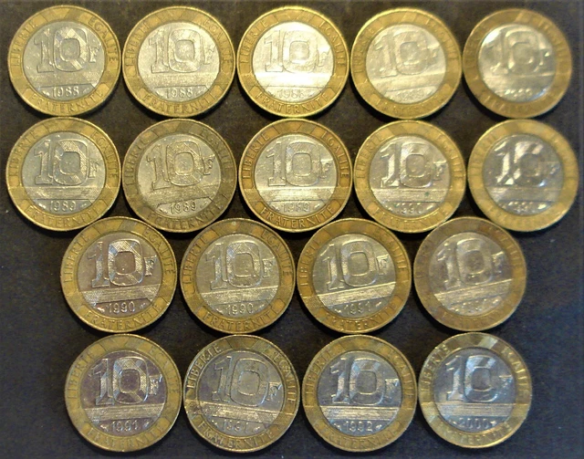 France - 10 Francs Génie de la bastille  1988 à 2000 Lot 18 pièces de monnaie