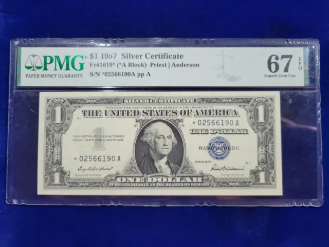 🌟 1957 $1 Silver Certificate STAR Note FR#1619* PMG SUPERB GEM UNC 67 EPQ