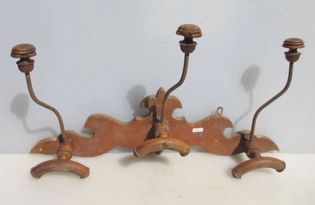 Antique Wooden Coat Rack Hat Hangers Iron Hooks Old Wood Vintage French 25"W