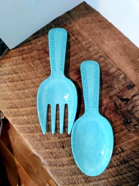 Servidores de ensaladas utensilios de lanzamiento cuchara y tenedor de cerámica 2 piezas - en turquesa 2