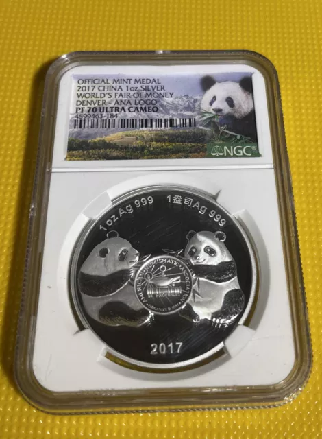 2017 CHINA ANA World's Fair Money 1oz Silver Panda Medal DENVER NGC PF70 UC #RW