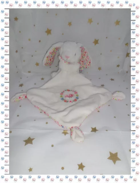 ⑪ - Doudou Peluche Lapin Blanc Petites Fleurs Mouchoir Broderies Oiseau Pommette