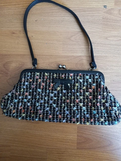 Colorful Bag Gold Metallic Tweed Weave Purse Black Faux Leather Bow Handbag 