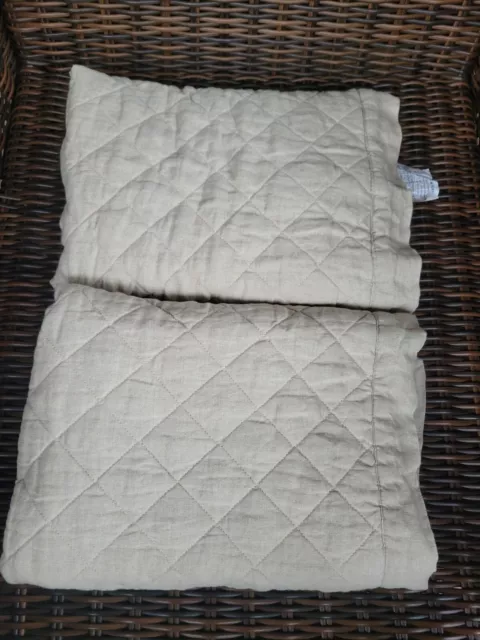 Two Pottery Barn Belgian Flax Linen Diamond Quilted Shams Euro Flax