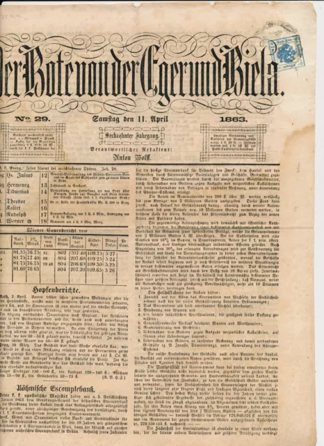 ÖSTERREICH 1863 1kr, Zeitungsstempelmarke auf kompletter Zeitung! Attraktiv!