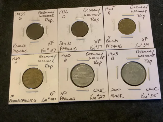 Germany Weimar Republic 1920-1936 Pfennig/Mark XF/UNC 6 Coin Lot #R1390