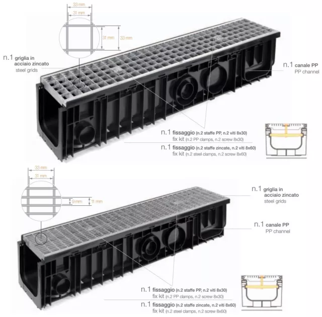 Canaletta Con Griglia In Maglia In Acciaio Zincato B125 B150  - Tutte Le Misure